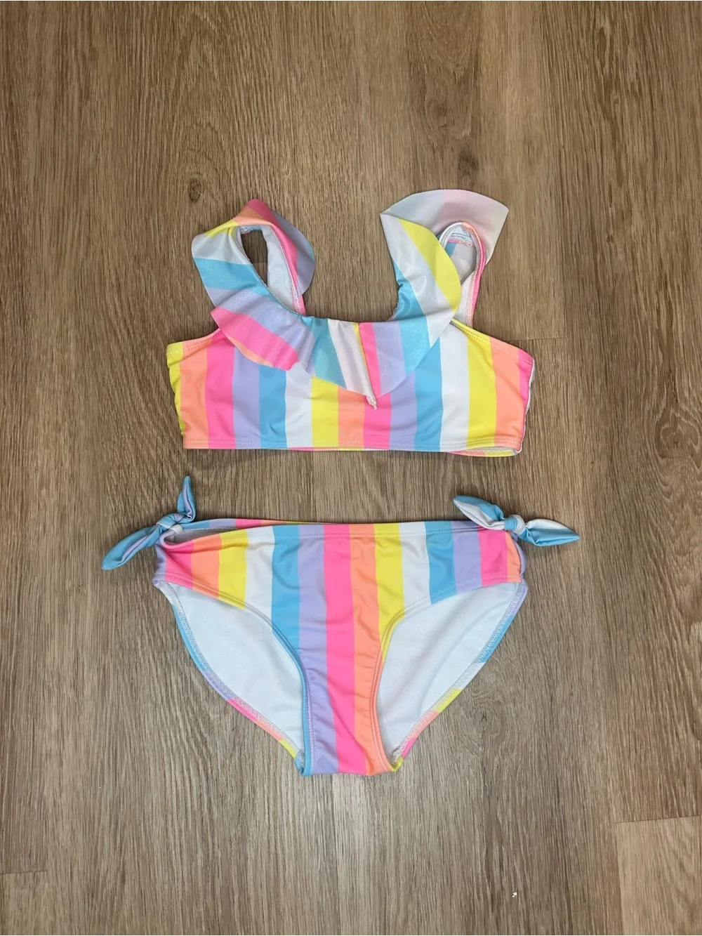 Justice Multicolor Stripe Ruffle Strap Two-Piece Bikini - Pink Blue Yellow